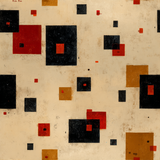Abstract square pattern wallpaper by Riclo Rino featuring black, red and brown geometric shapes on a textured beige background.
