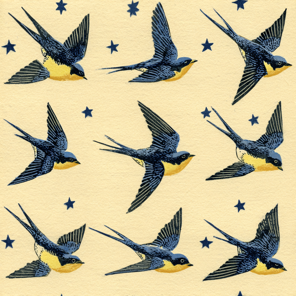 Patterned wallpaper with blue and yellow swallows flying amongst navy stars.