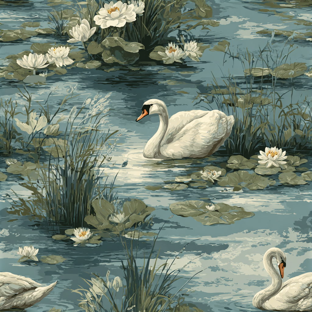 Silverwater Swan Wallpaper with lily pads and swans in a pond setting.