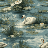 Silverwater Swan Wallpaper with lily pads and swans in a pond setting.
