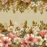 Floral Jardin Solenne Wallpaper with pink, green, and white floral patterns and an olive green background.