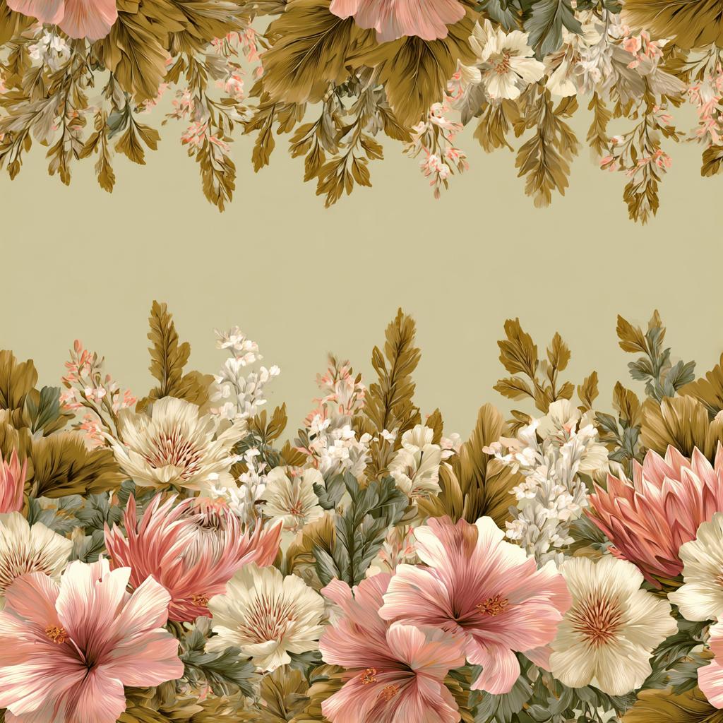 Floral Jardin Solenne Wallpaper with pink, green, and white floral patterns and an olive green background.