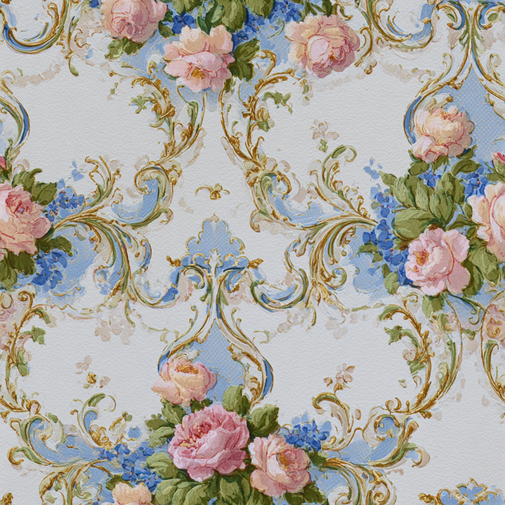 Floral wallpaper with gold and blue filigree details and light pink roses.