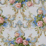 Floral wallpaper with gold and blue filigree details and light pink roses.