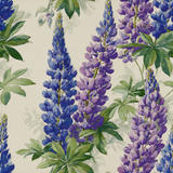 Floral lupine wallpaper with blue and purple blooms and green leaves.