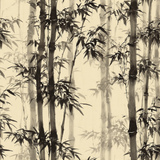 Bamboo-themed wallpaper with a neutral background and black bamboo stalks and leaves, in an ink wash style.
