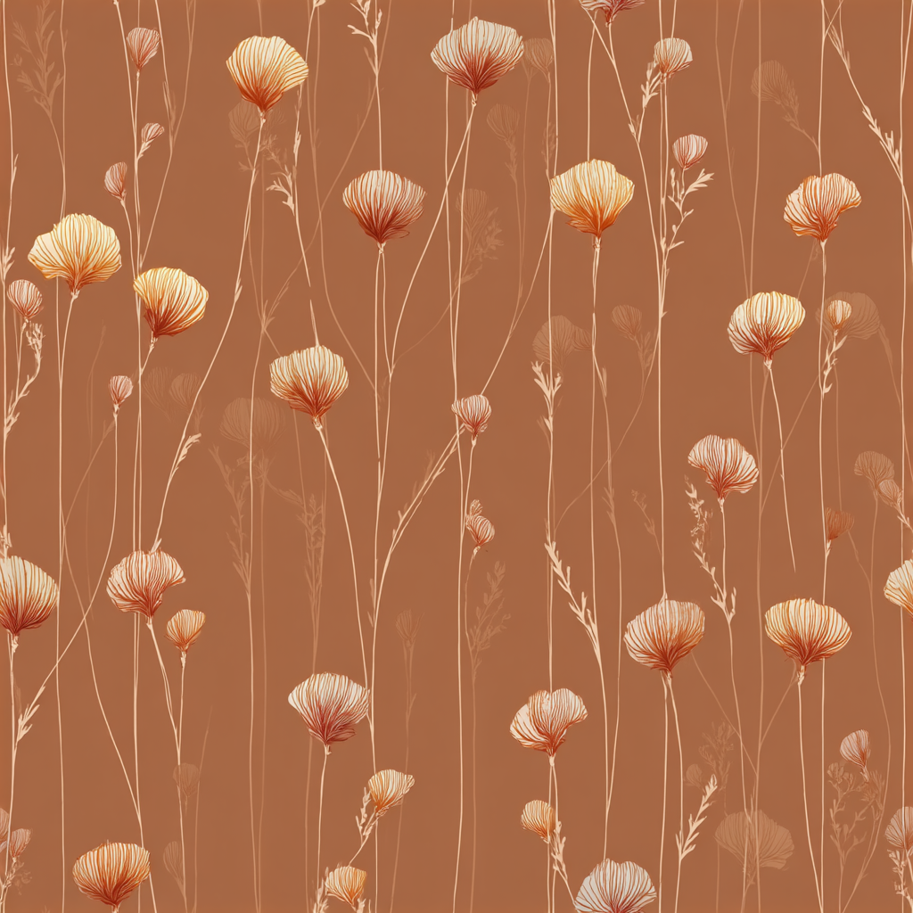 Amberfield Stems Wallpaper with a floral pattern, in orange and beige tones.