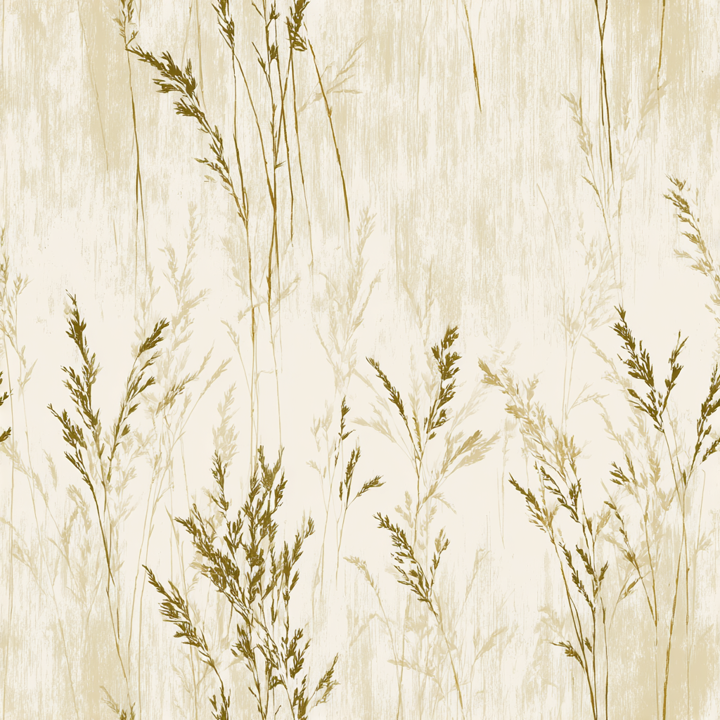 Beige botanical wallpaper with golden grass pattern on textured background.