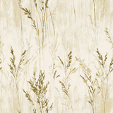 Beige botanical wallpaper with golden grass pattern on textured background.