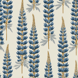 Floral spire wallpaper with blue lupine pattern on cream background.