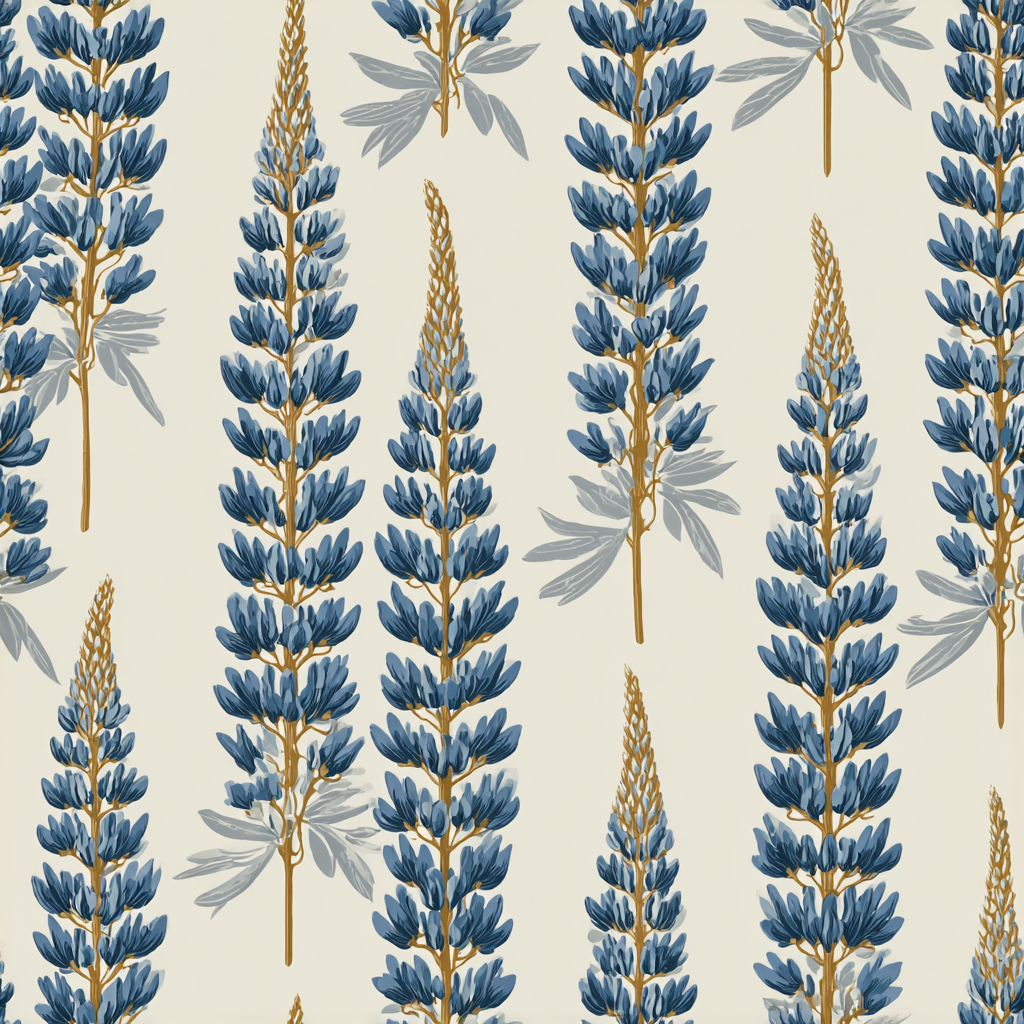 Floral spire wallpaper with blue lupine pattern on cream background.