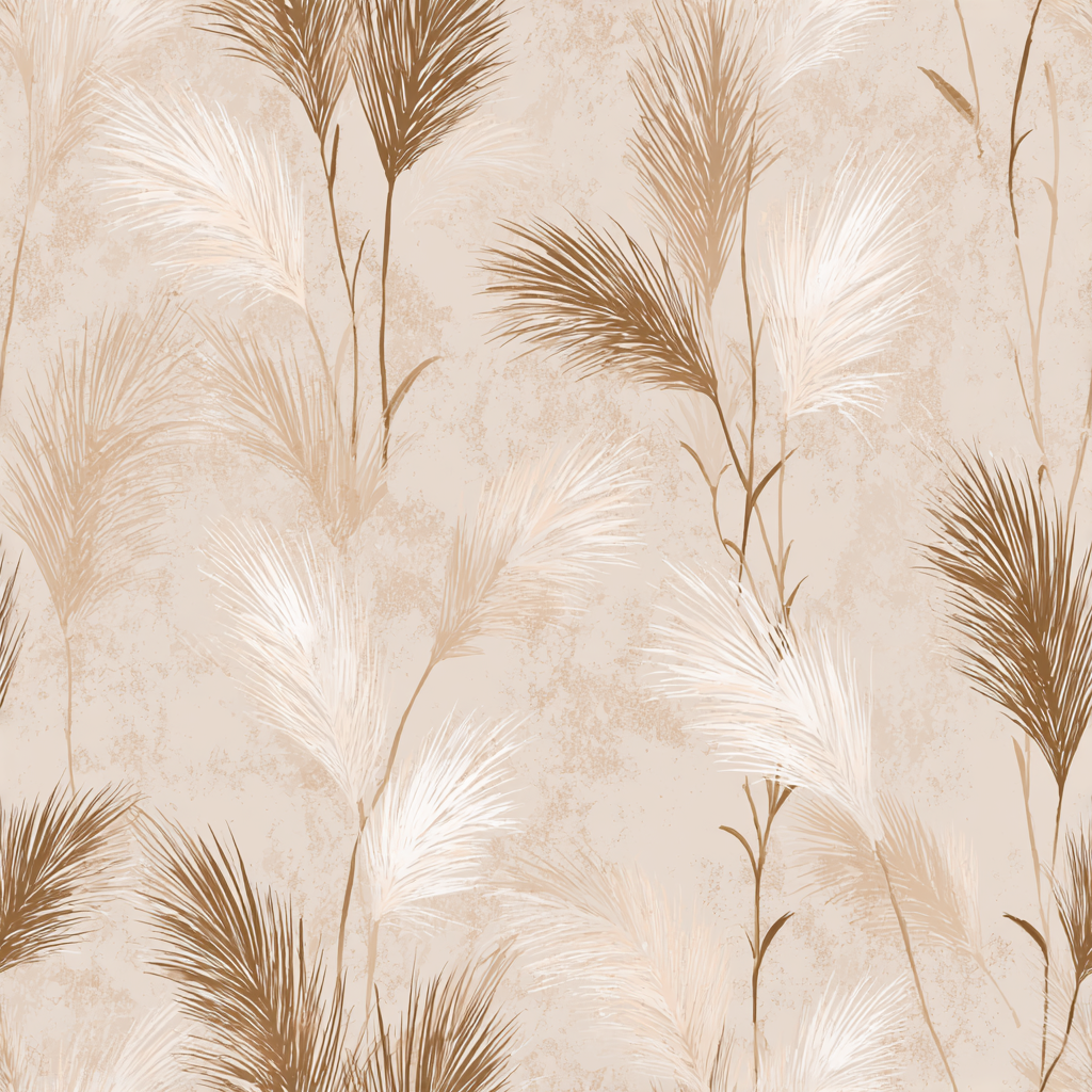 Beige wallpaper with pampas grass pattern and sandy texture.