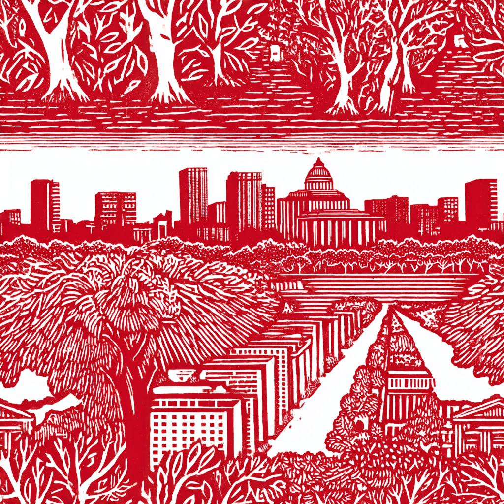 Red and white Capitol Canopy wallpaper with cityscape and trees.
