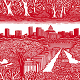 Red and white Capitol Canopy wallpaper with cityscape and trees.
