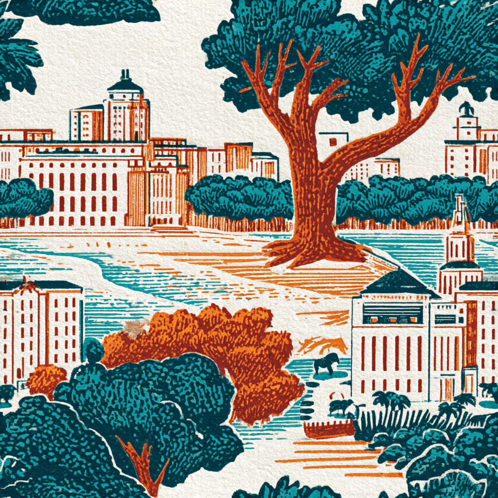 Cypress Assembly wallpaper with building and nature pattern.