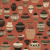Terra Museo Wallpaper with vase pattern on a terracotta background.