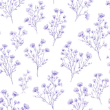 Lilac script wallpaper with flower sketches against a white backdrop.