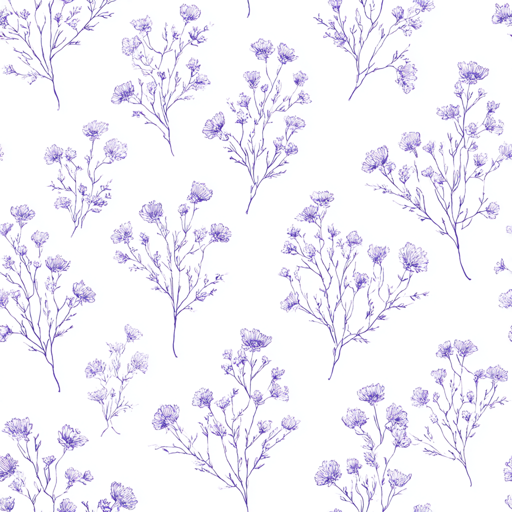 Lilac script wallpaper with flower sketches against a white backdrop.