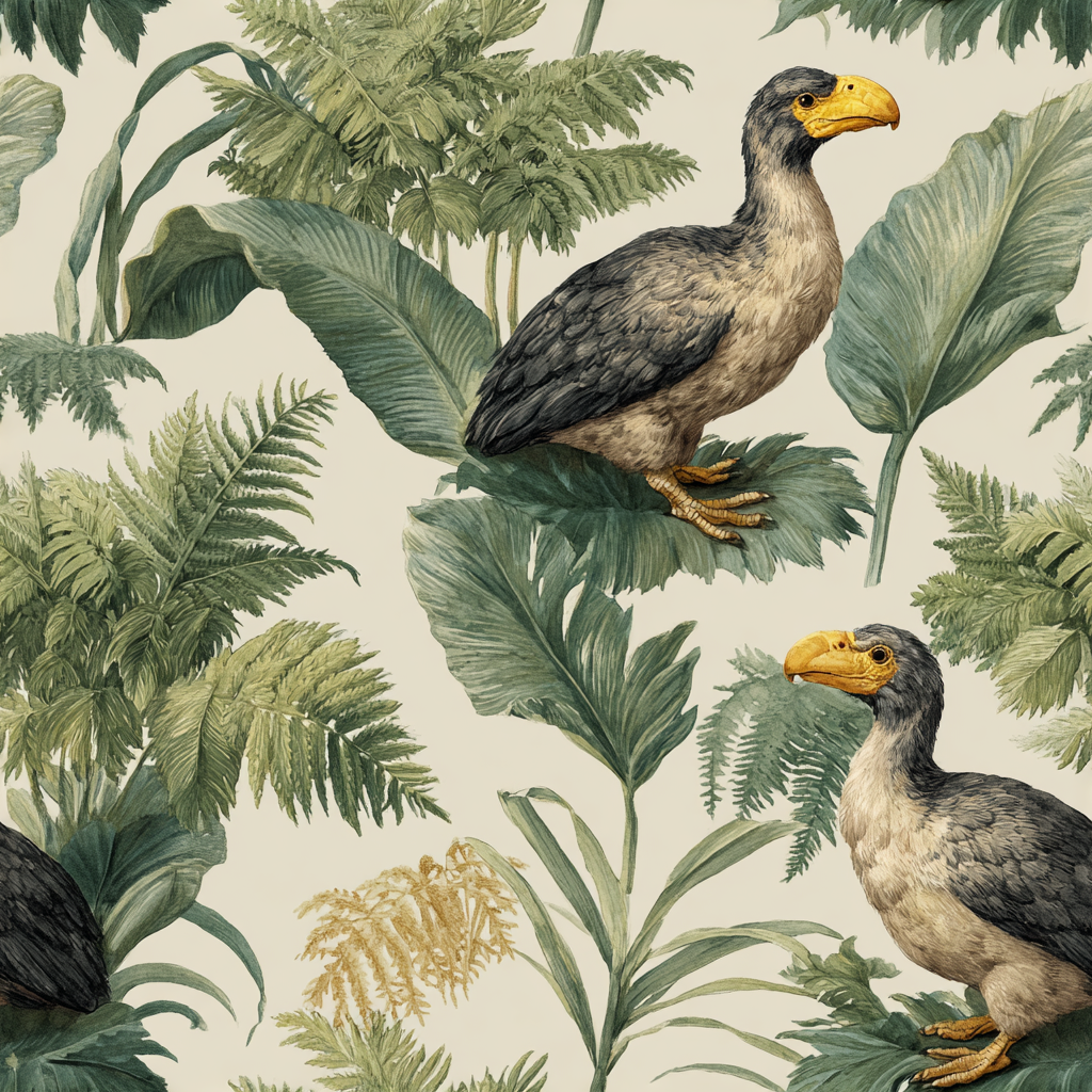 Isle of the Forgotten wallpaper with bird and foliage pattern.