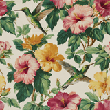 Floral hibiscus wallpaper with green leaves by Solera, featuring flying hummingbirds in a repeating pattern.
