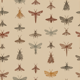 Insects wallpaper with an antique pattern on a beige background.
