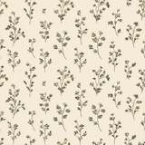 Floral wallpaper with off-white backdrop and green stems featuring small white flowers.