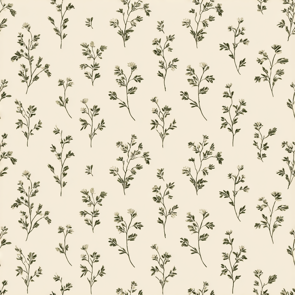 Floral wallpaper with off-white backdrop and green stems featuring small white flowers.