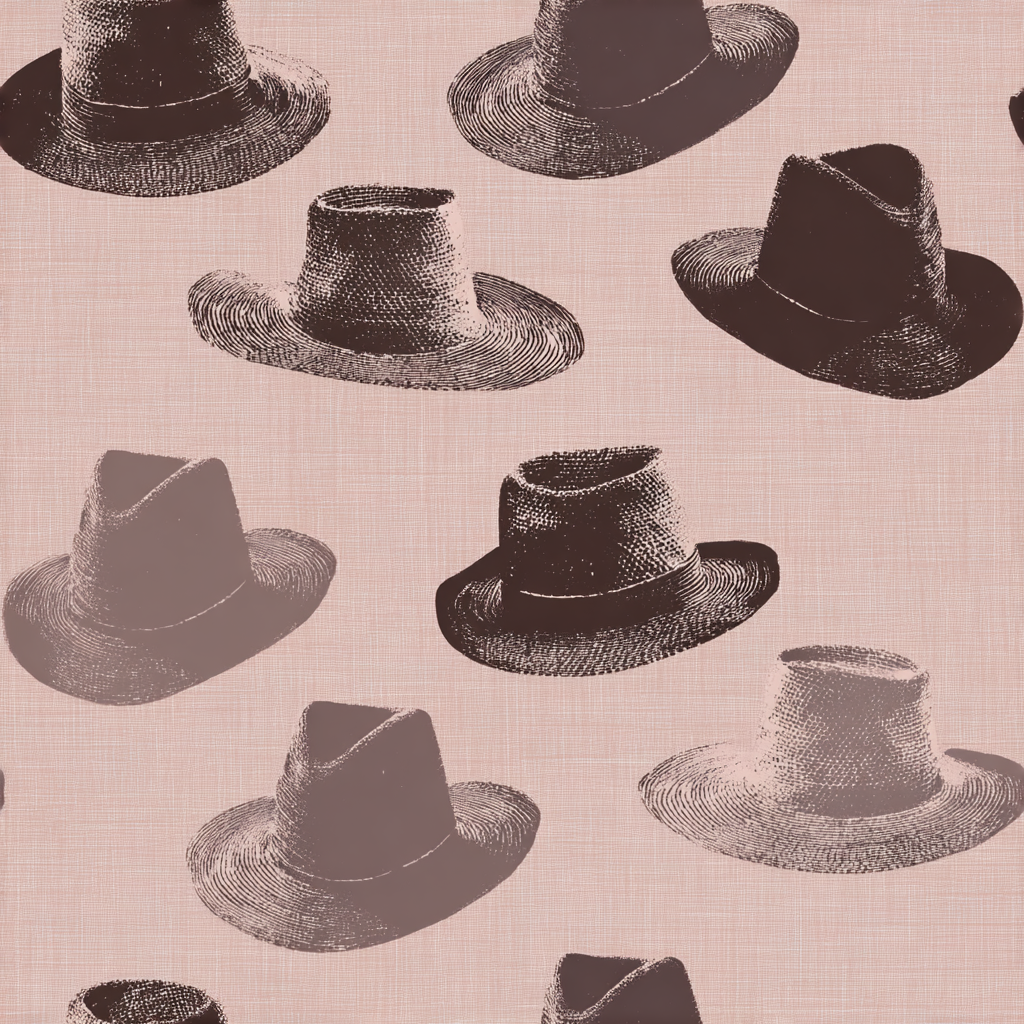 Hats print wallpaper with a linen texture background.
