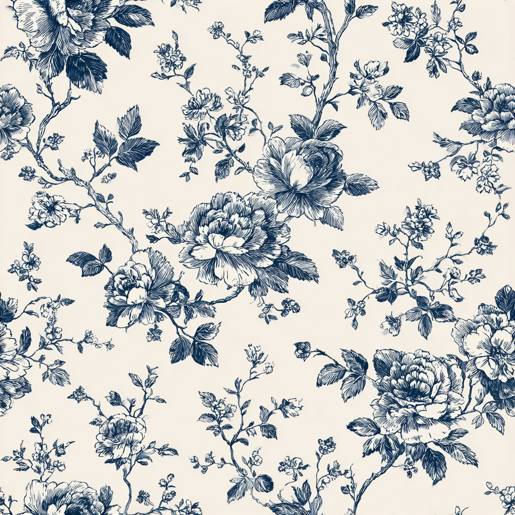 Floral blue wallpaper with botanical sketch pattern.
