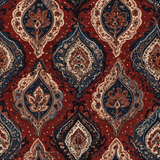 Garnet tapestry wallpaper with intricate floral pattern and dots, in vintage style.
