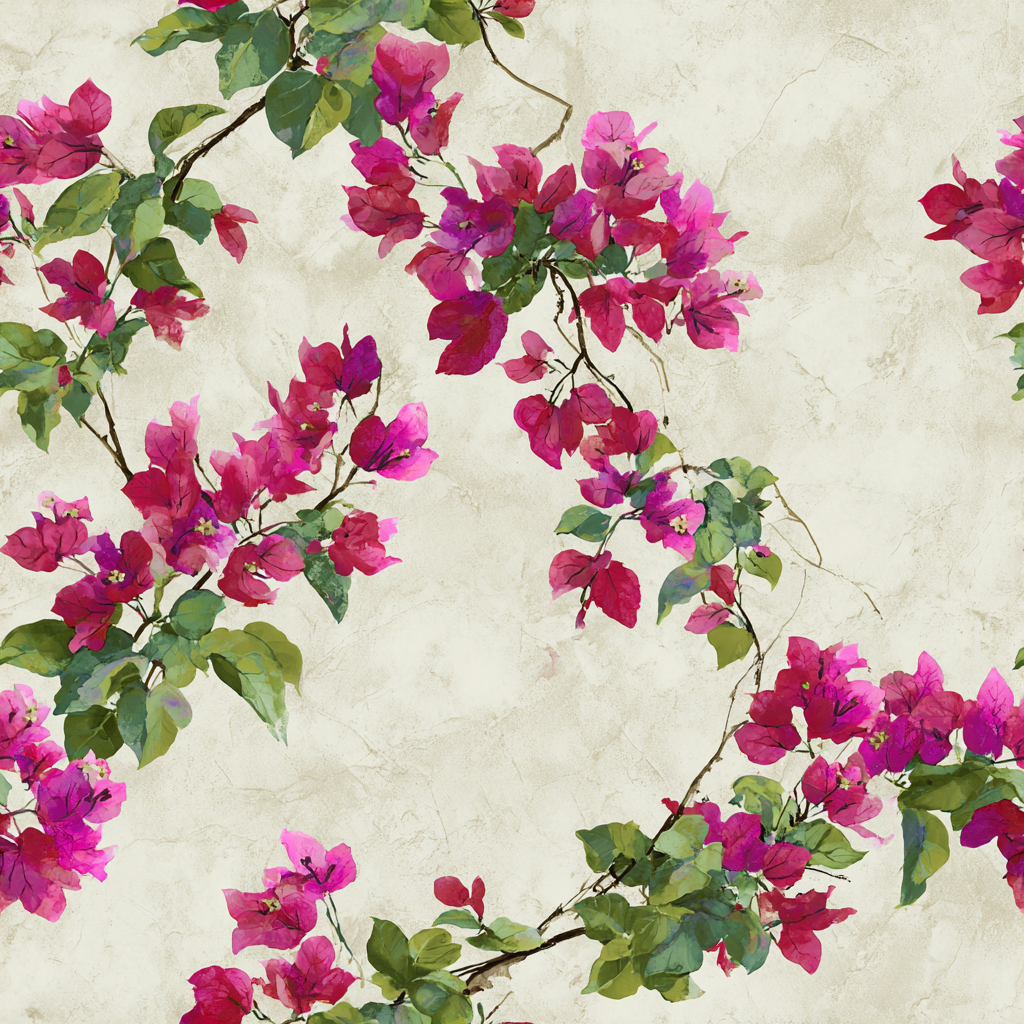 Floral bougainvillea wallpaper with red and pink blossoms and green leaves on a textured background.
