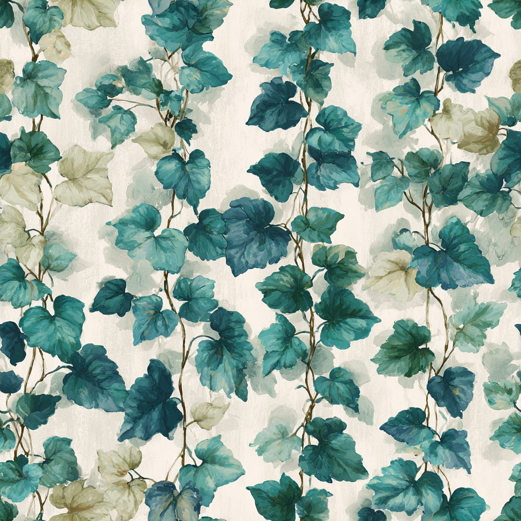 Verdigris vines wallpaper with trailing branches and leaves, in a watercolor style.
