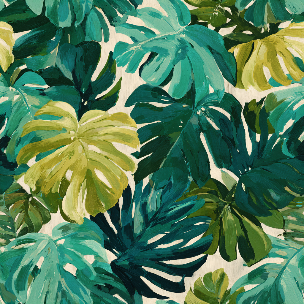 Green Palma Verde Wallpaper with tropical monstera leaf pattern.
