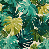Green Palma Verde Wallpaper with tropical monstera leaf pattern.
