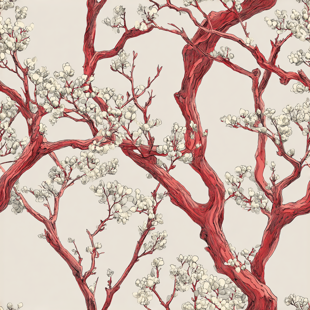 Floral wallpaper with red tree branches by unknown brand, and small white flowers.