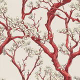 Floral wallpaper with red tree branches by unknown brand, and small white flowers.