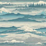 Blue and beige Shiroyama wallpaper with Japanese landscape and horizontal line art.
