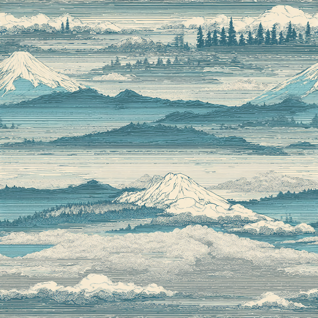 Blue and beige Shiroyama wallpaper with Japanese landscape and horizontal line art.
