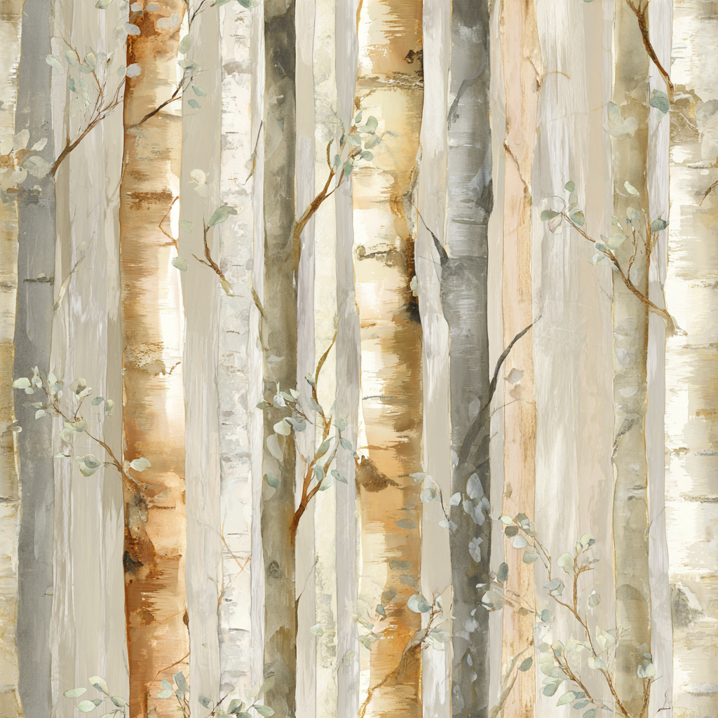 Aspen Vale wallpaper by Brewster, featuring a birch tree pattern in beige and gray tones.
