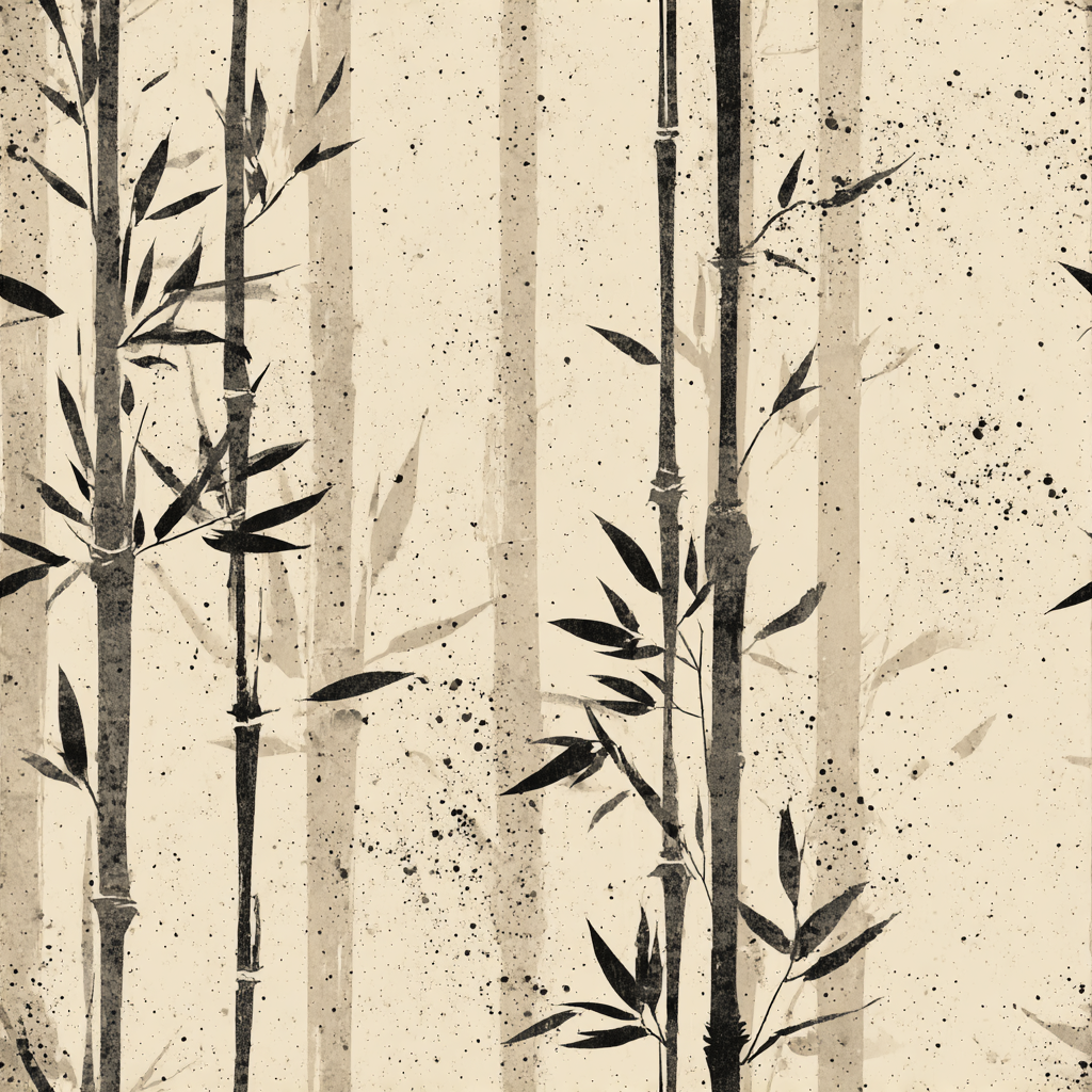 Patterned wallpaper with black bamboo stalks and leaves, with ink splatter details.