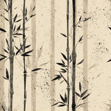 Patterned wallpaper with black bamboo stalks and leaves, with ink splatter details.