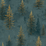 Auric Timberline Wallpaper featuring golden pine tree pattern on a textured teal background.