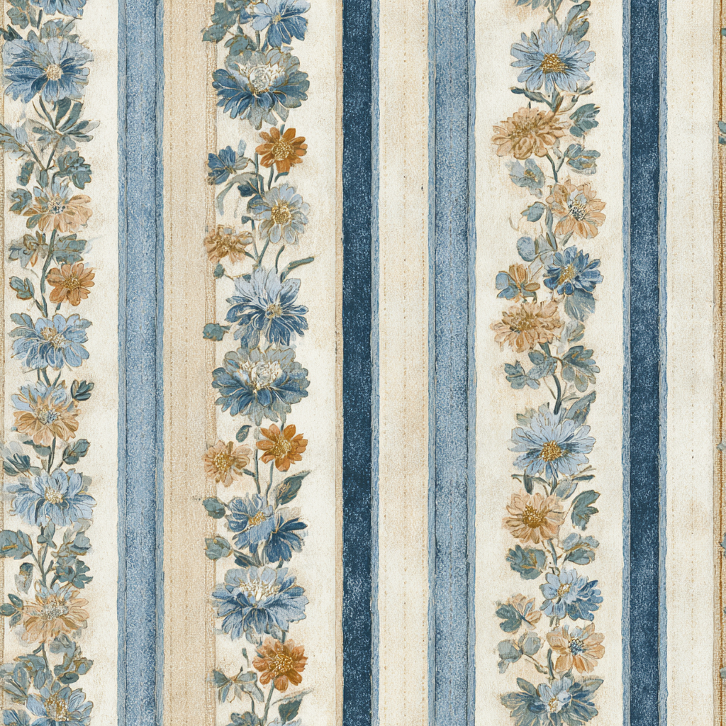 Floral striped wallpaper with blue, tan, and orange flowers.