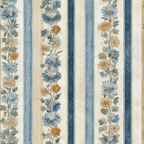 Floral striped wallpaper with blue, tan, and orange flowers.