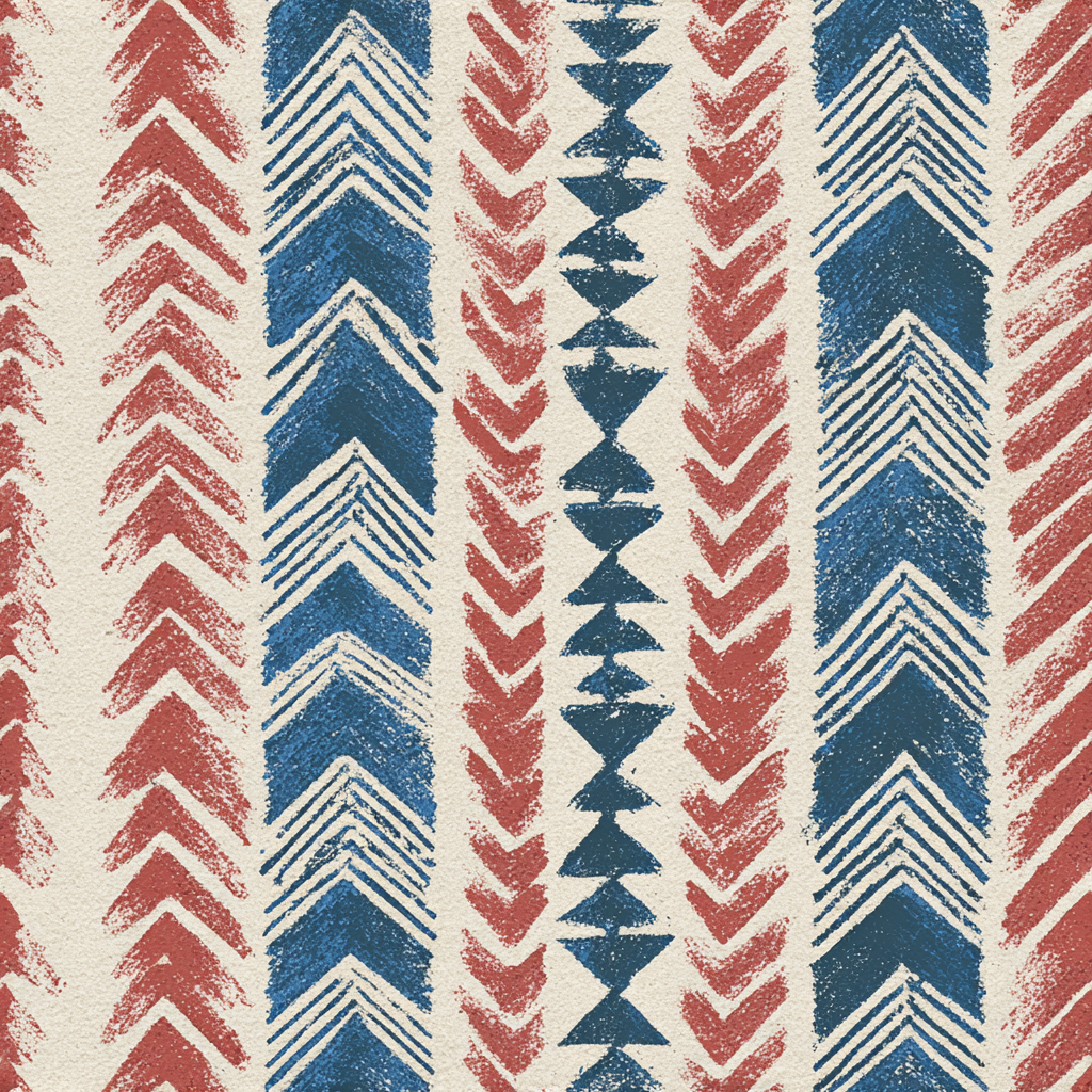 Nomad’s Chevron Chant Wallpaper with red, white, and blue tribal pattern.
