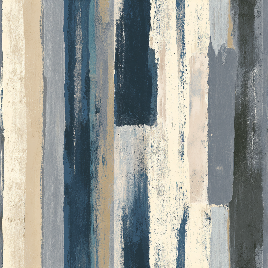 Blue and tan gouache wallpaper with vertical painted stripes, distressed texture, and modern design.