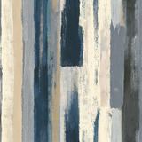Blue and tan gouache wallpaper with vertical painted stripes, distressed texture, and modern design.