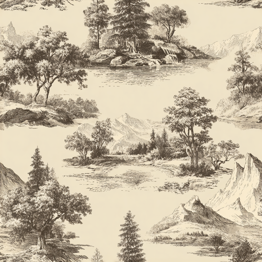 Toile terrain wallpaper with a scenic countryside print featuring trees, mountains, and water in sepia tones.
