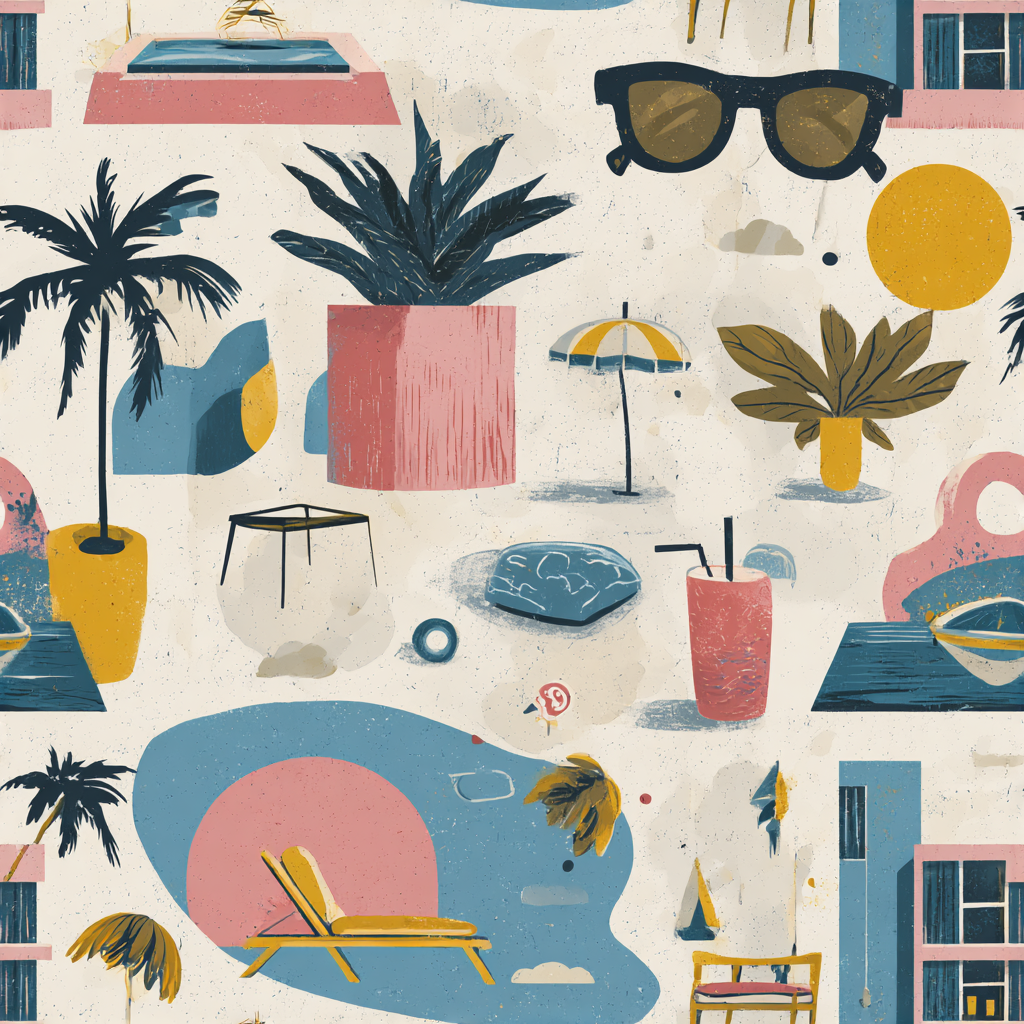 Patterned wallpaper with a summer theme, featuring beach and poolside elements.
