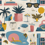 Patterned wallpaper with a summer theme, featuring beach and poolside elements.
